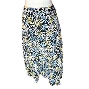 H&M Womens Medium Black Yellow White Blue Floral Flowy Midi Back Zip Trend Skirt